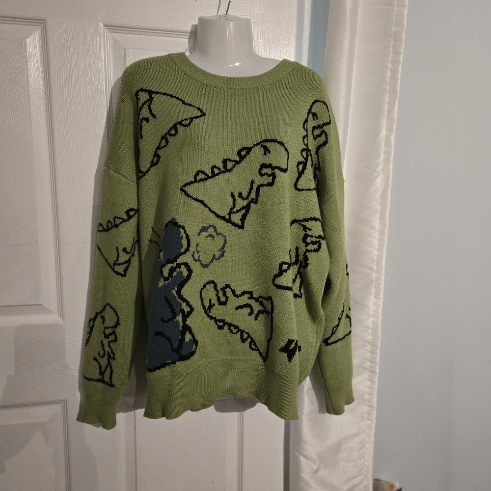 Aelfric Eden Dinosaur Knit Green Sweater Size XL